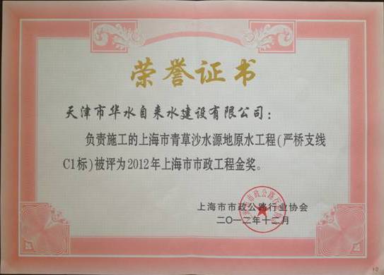 上海市青草沙严桥之线C1标工程被评为2012年上海市市政工程金奖